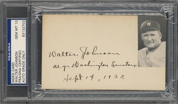 1932 Walter Johnson Signed Index Card – PSA/DNA GEM MT 10 Signature!
